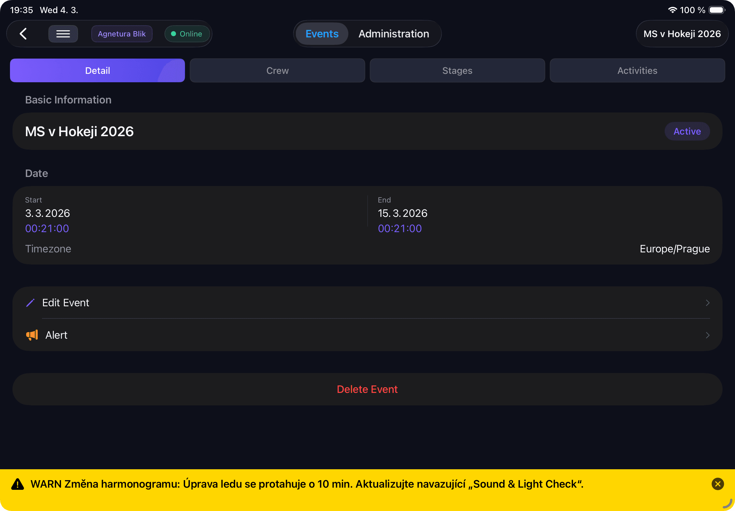 Screenshot: Odeslání urgentního upozornění týmu
