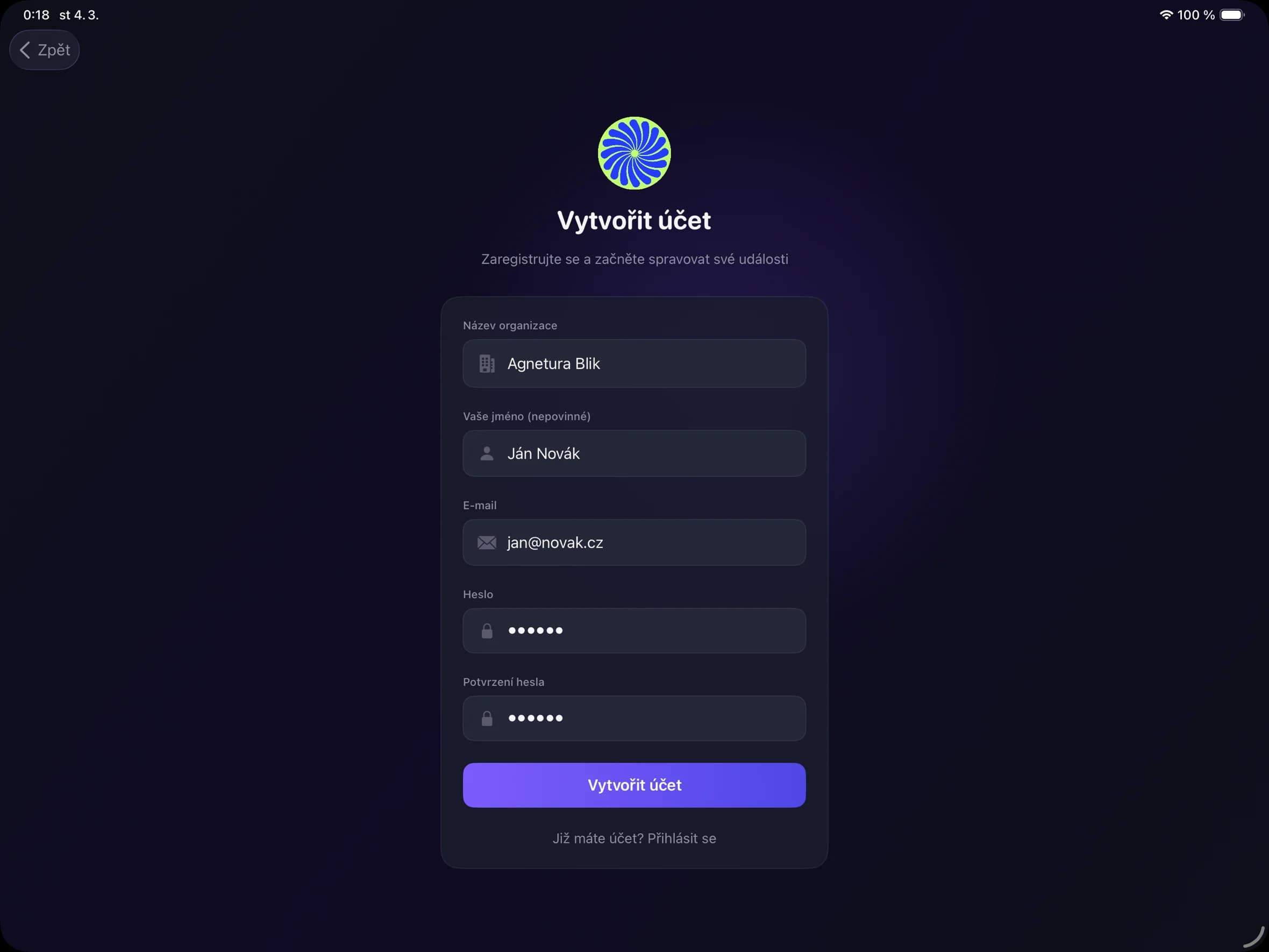 Screenshot: Registrační obrazovka